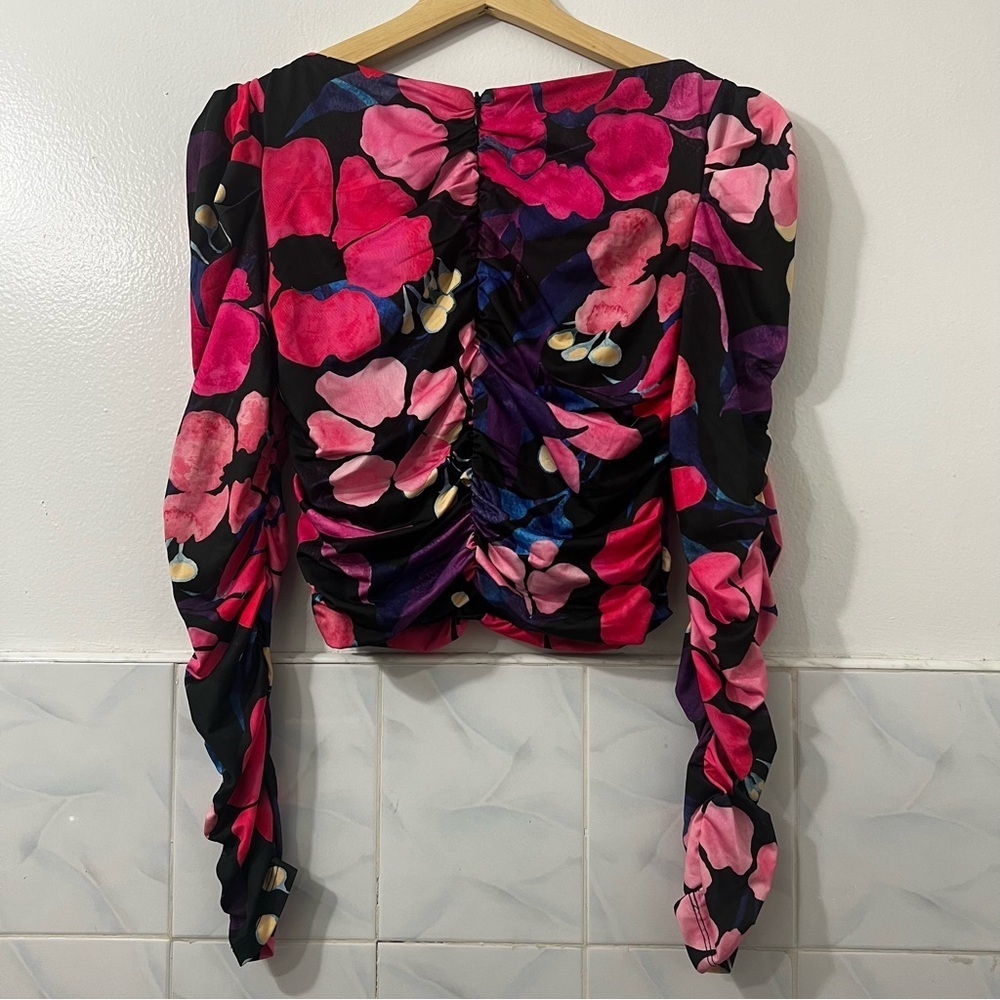 H&M Women’s XS Gathered Floral Ruched Puff Sleeve Fairy Bloomcore Retro Crop Top - Picture 4 of 7